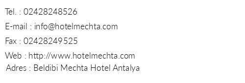 Mechta Otel Beldibi telefon numaralar, faks, e-mail, posta adresi ve iletiim bilgileri